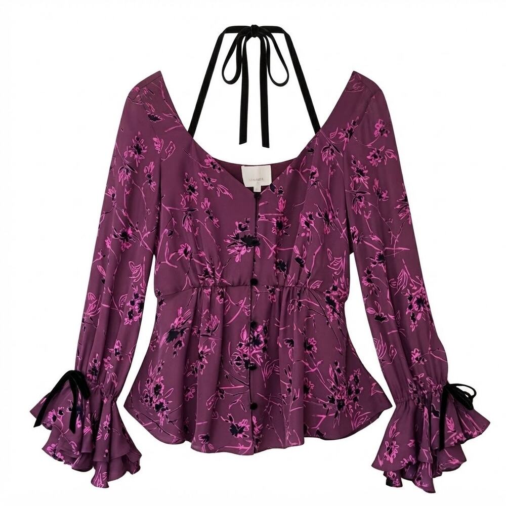 Cinq a Sept Mabel Floral Silk Velvet Tie Peplum Blouse Small NWOT